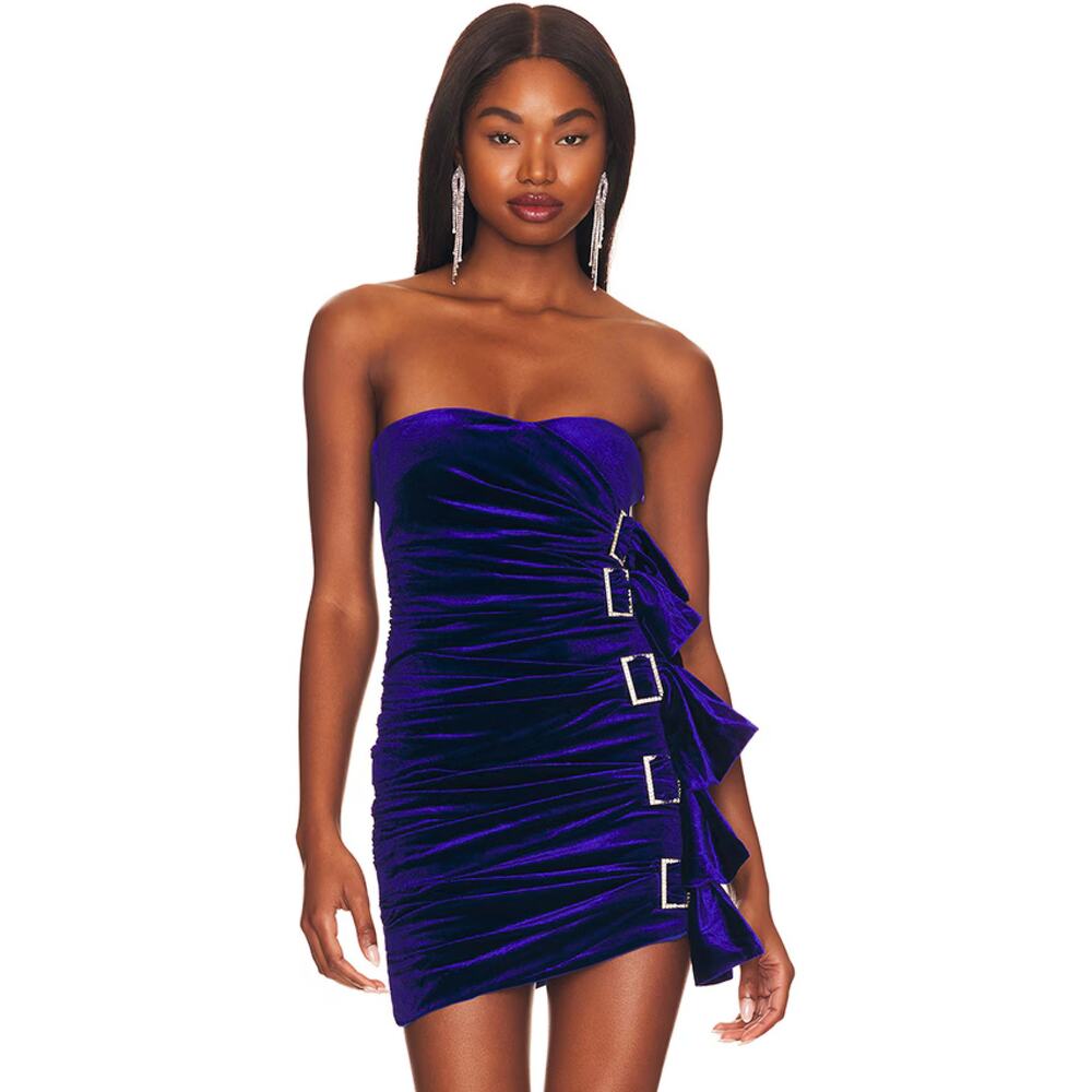 Superdown‎ Mara Mini Dress Blue Velvet Crystal Buckles Strapless  Sz S